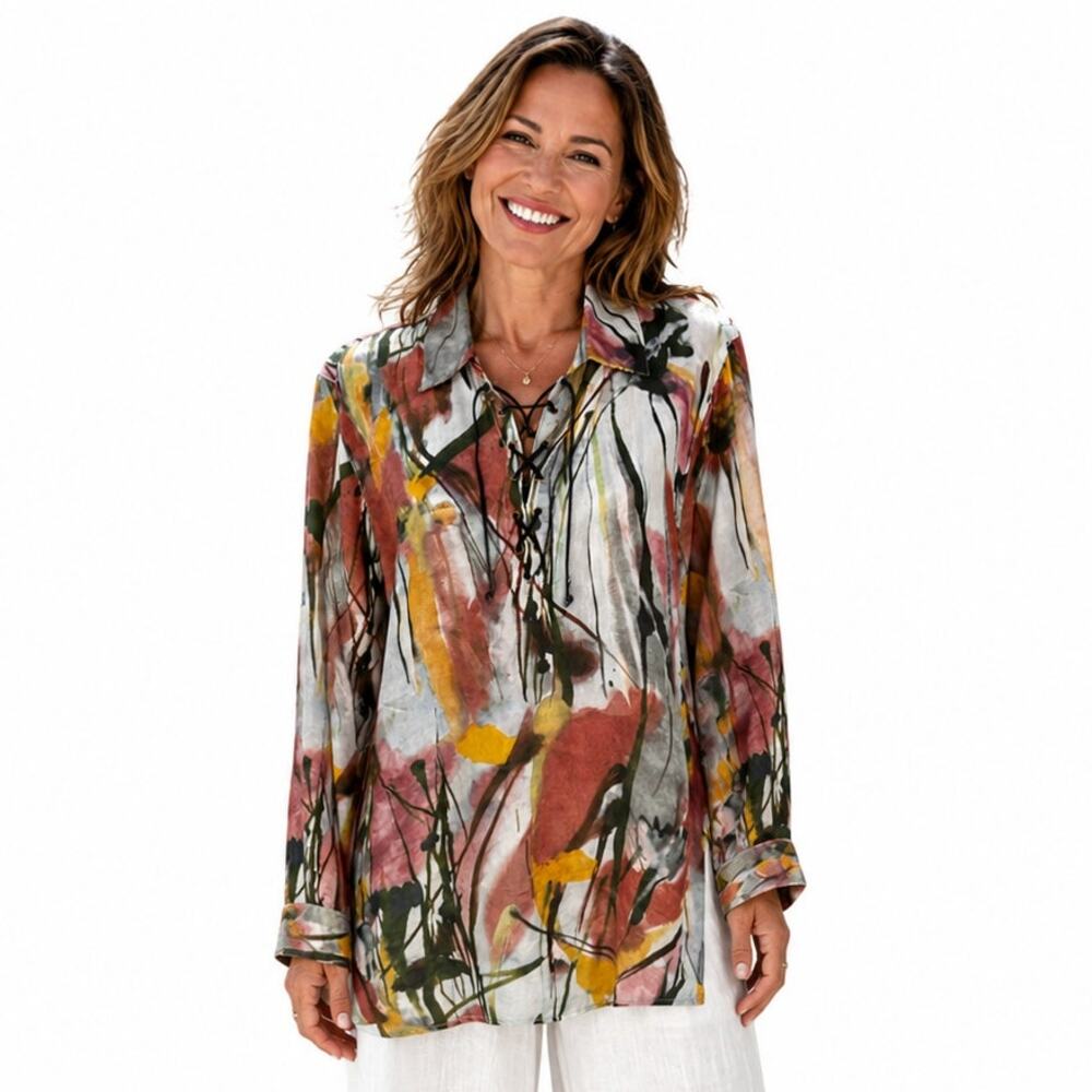 John Mark Colorful Laceup Top Womens Large Multicolor Watercolor Artsy Lagenlook